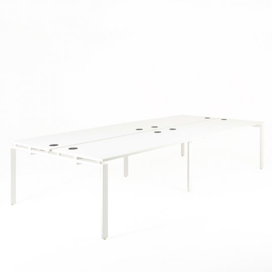 Bureau bench OPTIMUM 4 personnes, plateaux blanc, piétement blanc