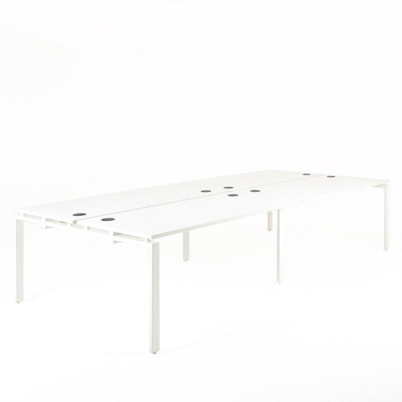 Bureau bench OPTIMUM 4 personnes, plateaux blanc, piétement blanc