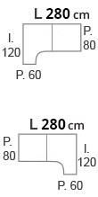 L.280 x l 160 x p 80/60 cm